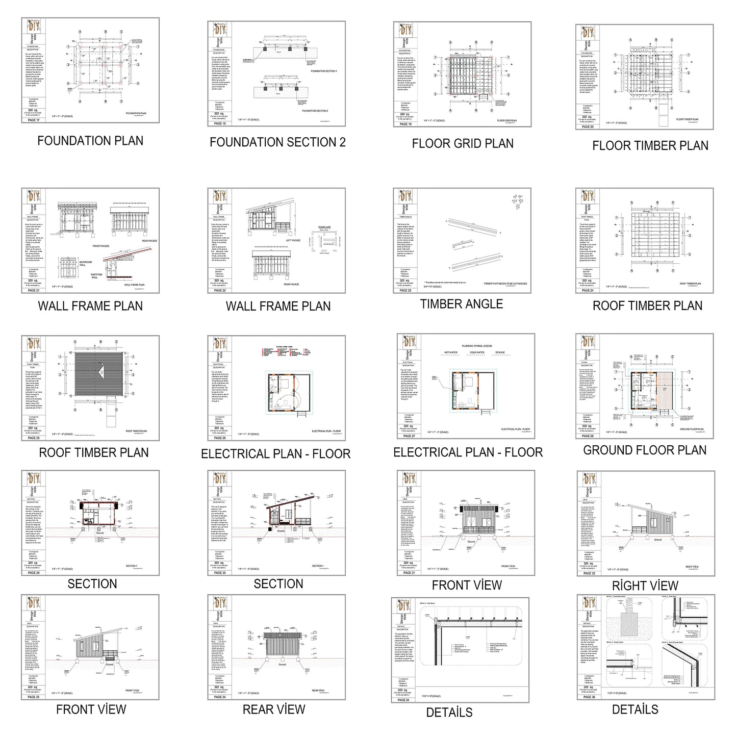 Tiny House Architectural Plans 16’ X 20’ - Modern Cottage Plans - Small House Blueprint PDF