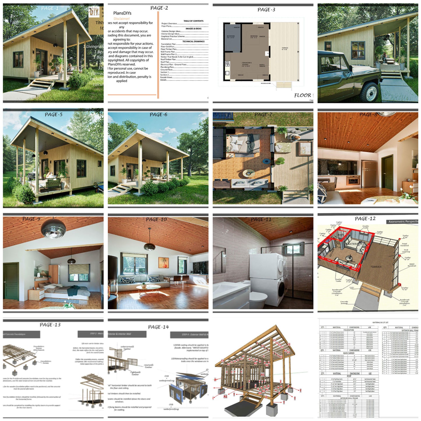 Tiny House Architectural Plans 16’ X 20’ - Modern Cottage Plans - Small House Blueprint PDF